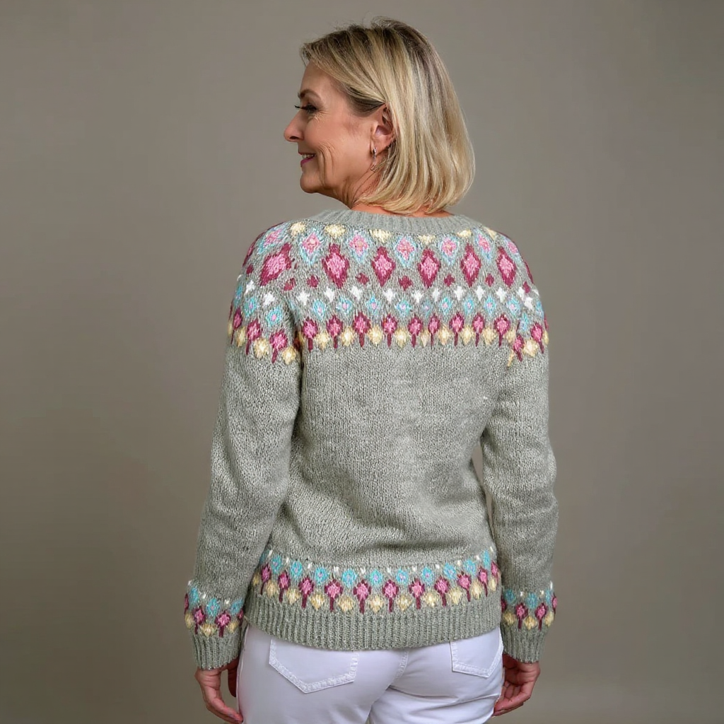 Manuela | Cardigan salvia con motivo rosa – cardigan nordico da donna | Erminia Boutique Bologna