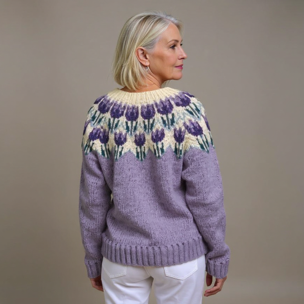 Fabrizia | Cardigan lilla con tulipani – cardigan nordico da donna | Erminia Boutique Bologna