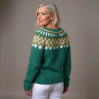 Emma | Cardigan verde scuro con motivo giallo – cardigan nordico da donna | Erminia Boutique Bologna