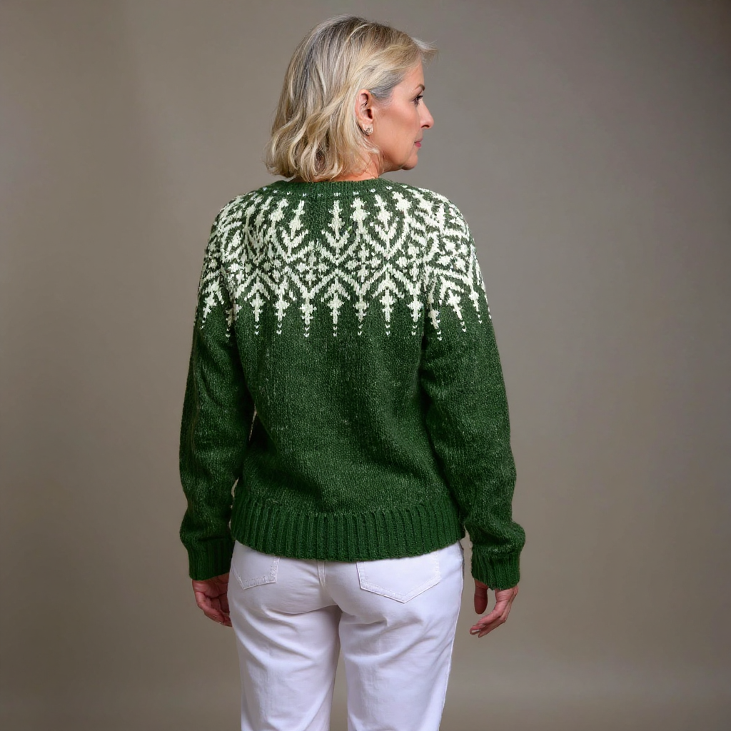 Lorella | Cardigan verde bosco con fantasia nordica – cardigan nordico da donna | Erminia Boutique Bologna