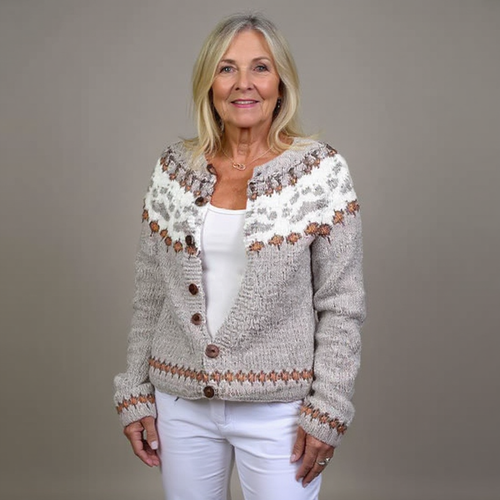 Brunella | Cardigan grigio perla con motivo rosa – cardigan nordico da donna | Erminia Boutique Bologna