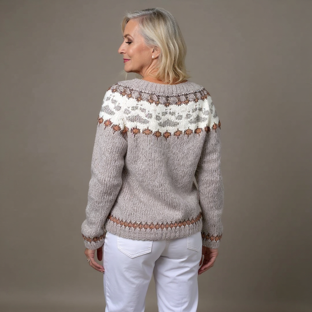 Brunella | Cardigan grigio perla con motivo rosa – cardigan nordico da donna | Erminia Boutique Bologna