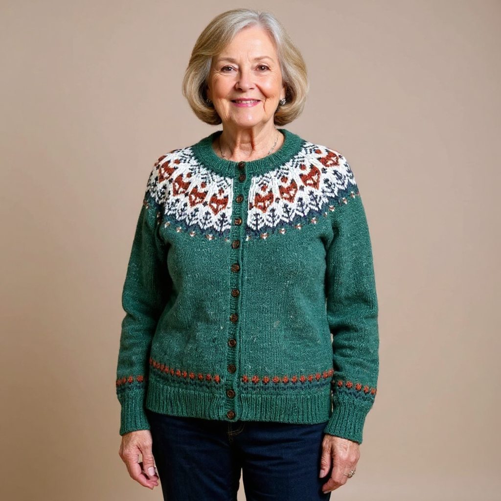 Donata | Cardigan verde bosco con motivo rosa – cardigan nordico da donna | Erminia Boutique Bologna