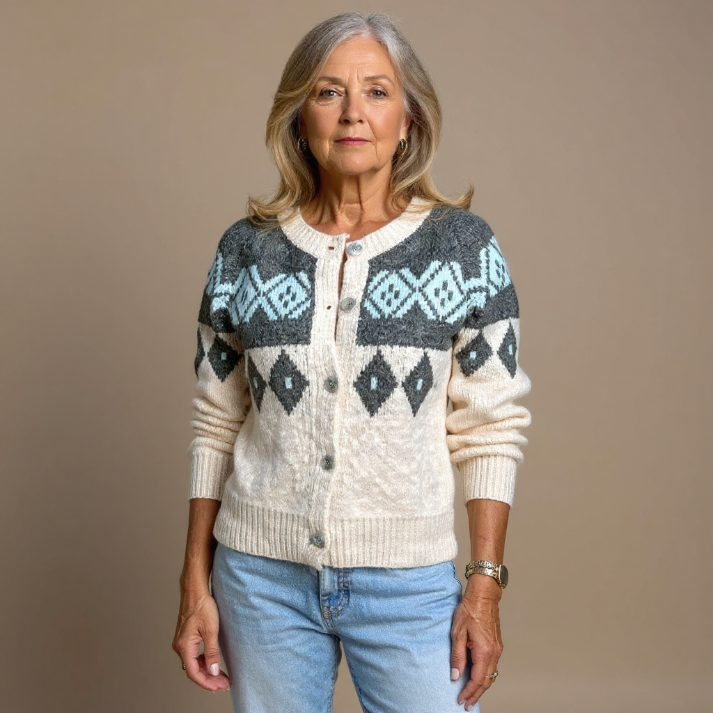 Annamaria | Cardigan panna con rombi blu – cardigan nordico da donna | Erminia Boutique Bologna