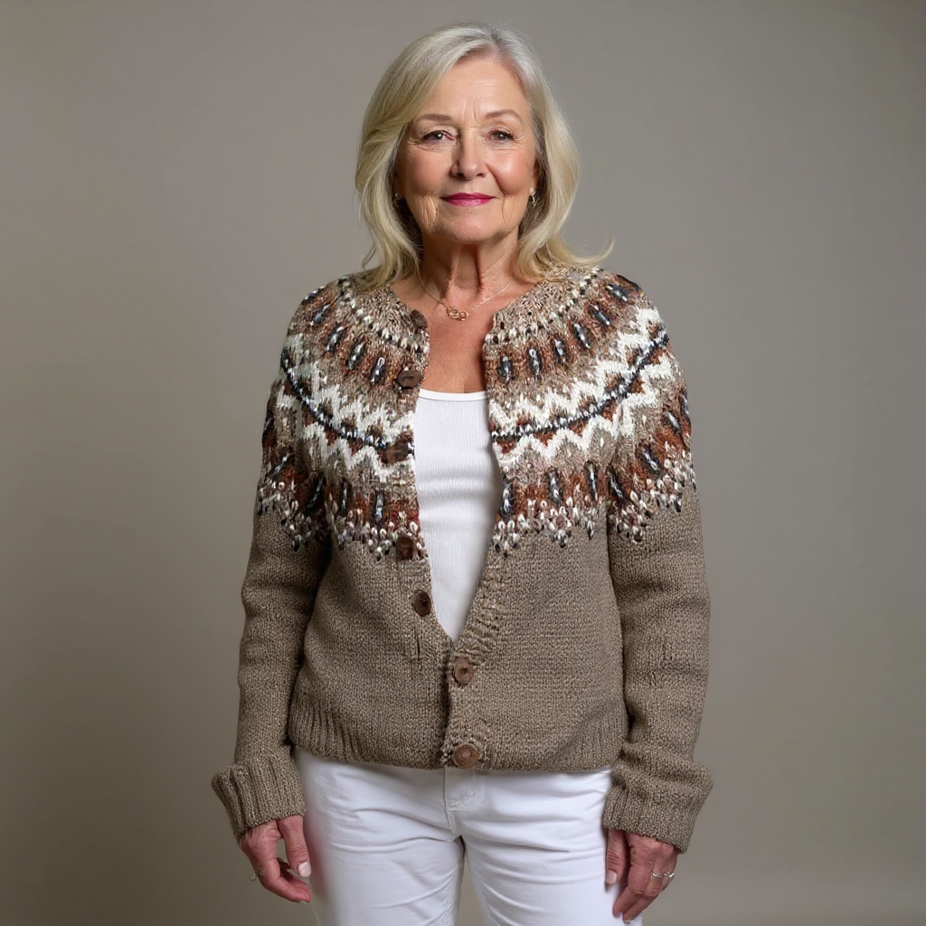 Mariella | Cardigan tortora con fantasia nordica – cardigan nordico da donna | Erminia Boutique Bologna
