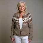 Mariella | Cardigan tortora con fantasia nordica – cardigan nordico da donna | Erminia Boutique Bologna