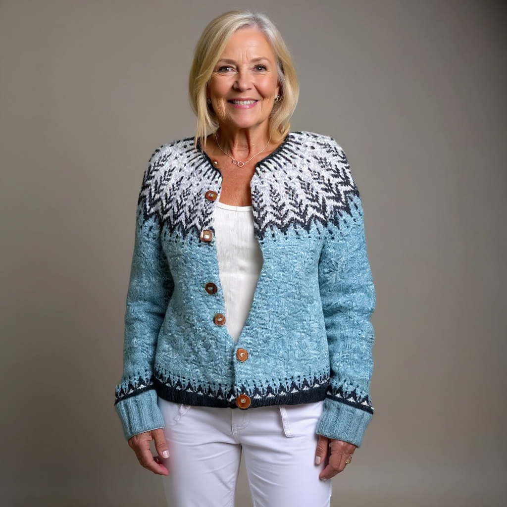 Pierina | Cardigan azzurro con sprone bianco – cardigan nordico da donna | Erminia Boutique Bologna