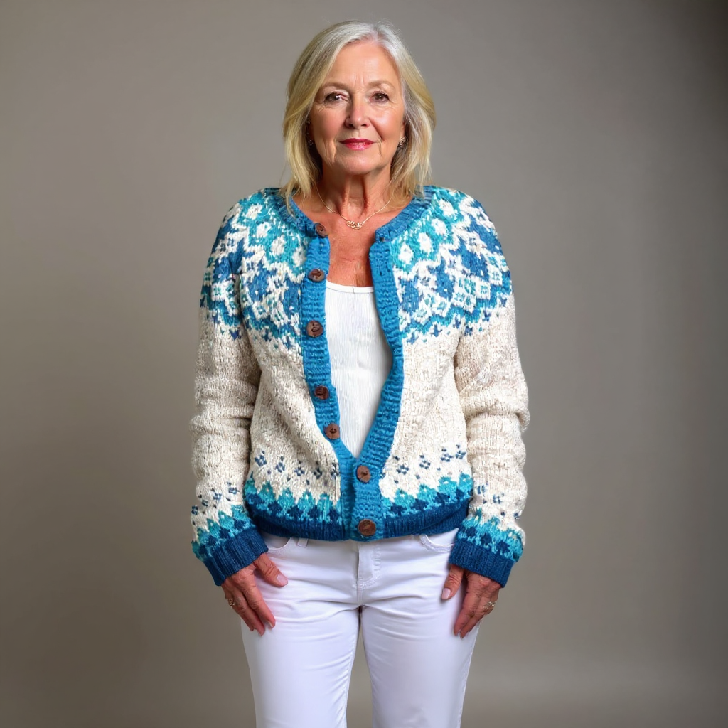 Simonetta | Cardigan panna e turchese – cardigan nordico da donna | Erminia Boutique Bologna