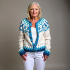 Simonetta | Cardigan panna e turchese – cardigan nordico da donna | Erminia Boutique Bologna