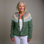 Clotilde | Cardigan verde con sprone multicolore – cardigan nordico da donna | Erminia Boutique Bologna