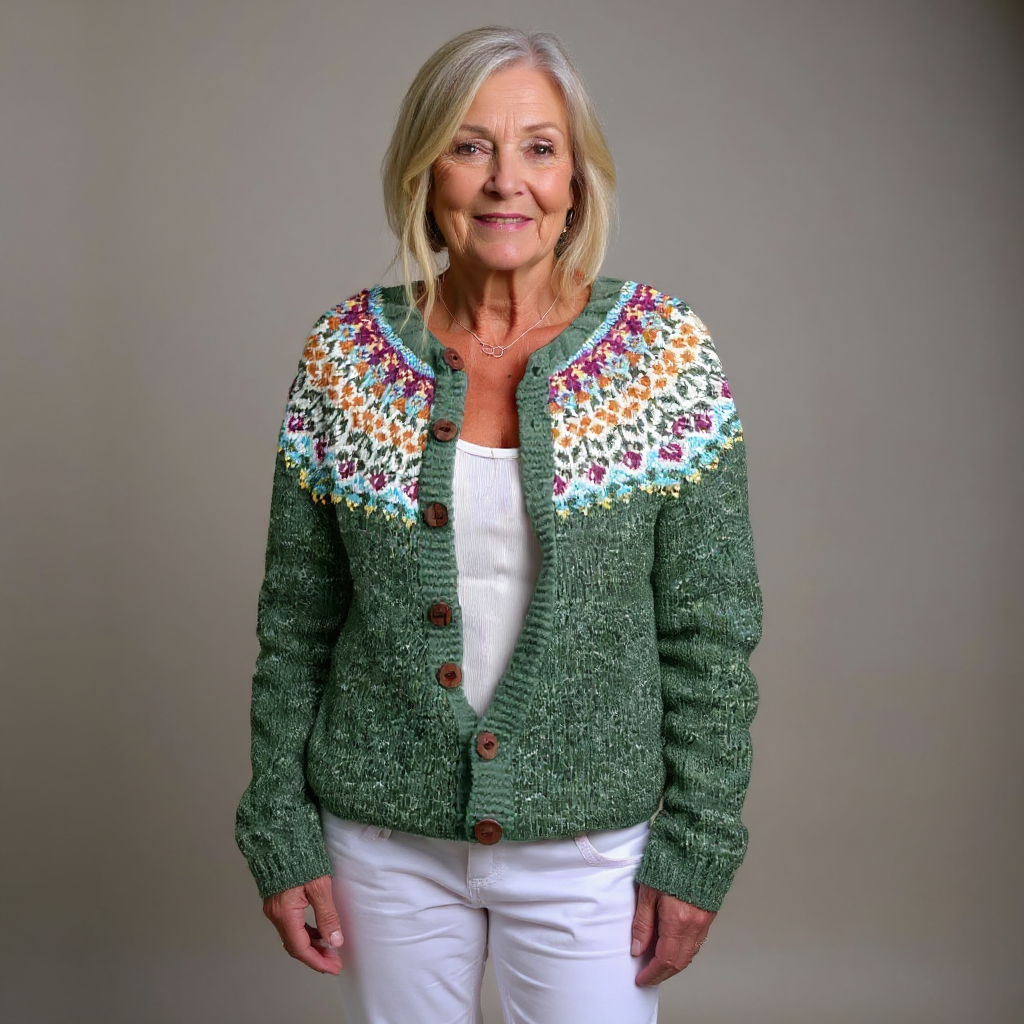 Clotilde | Cardigan verde con sprone multicolore – cardigan nordico da donna | Erminia Boutique Bologna