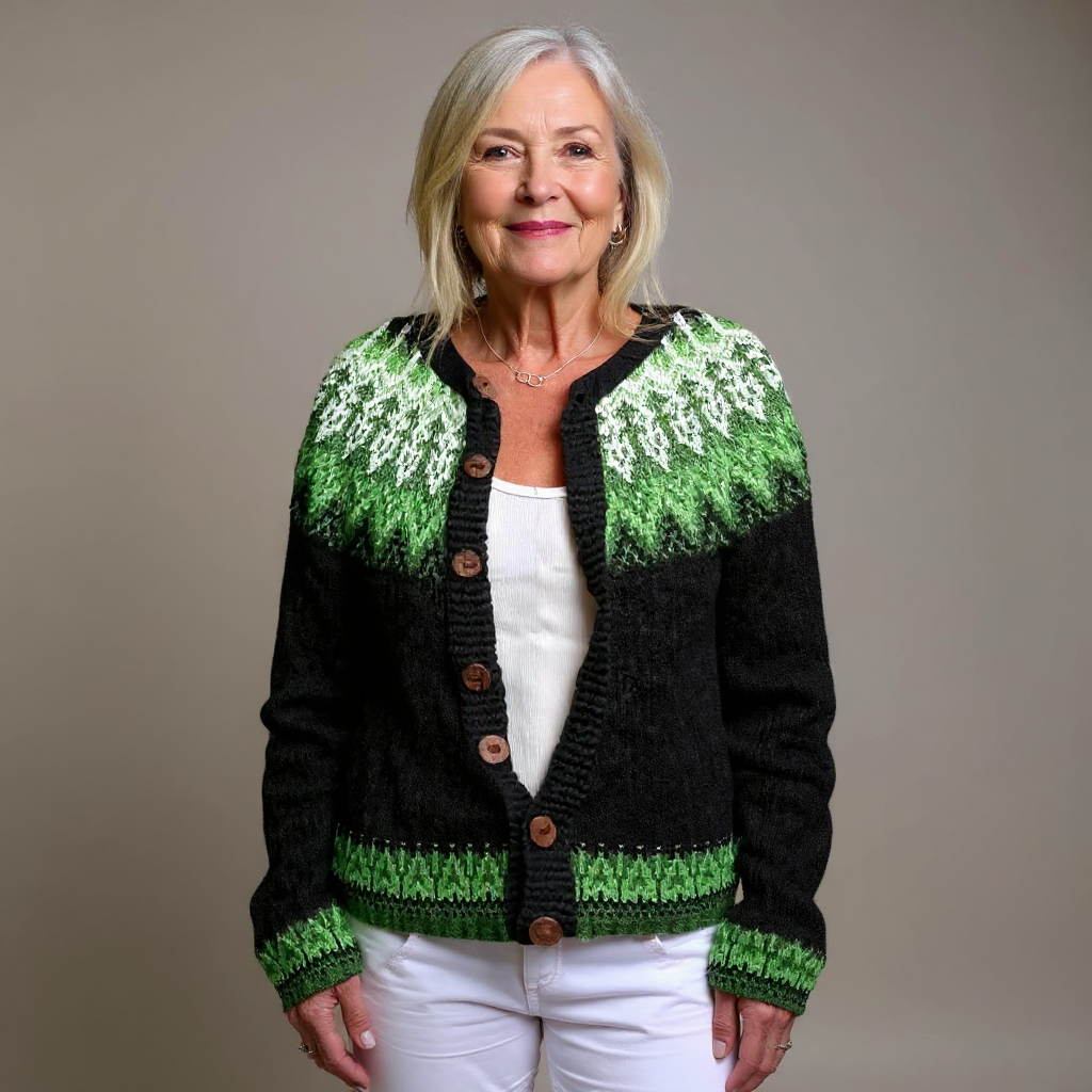 Liana | Cardigan nero con motivo verde – cardigan nordico da donna | Erminia Boutique Bologna