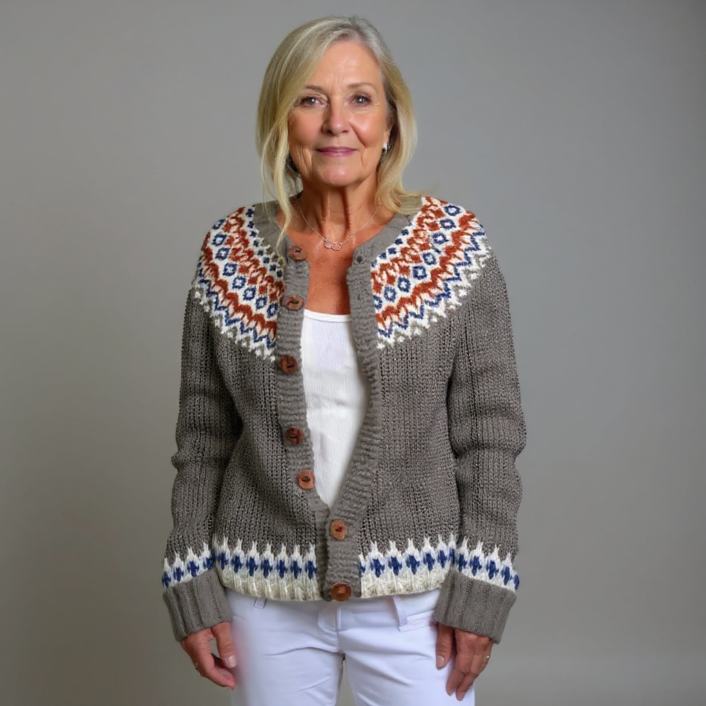 Mafalda | Cardigan grigio con sprone colorato – cardigan nordico da donna | Erminia Boutique Bologna