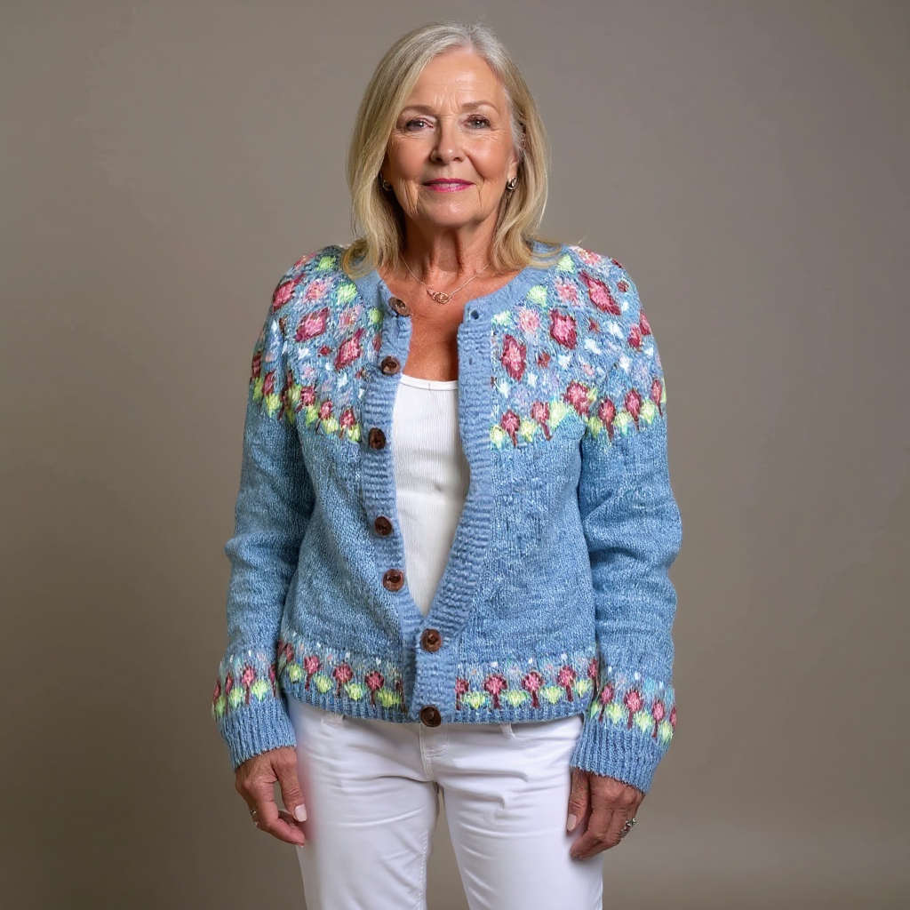 Elda | Cardigan azzurro nordico multicolore – cardigan nordico da donna | Erminia Boutique Bologna