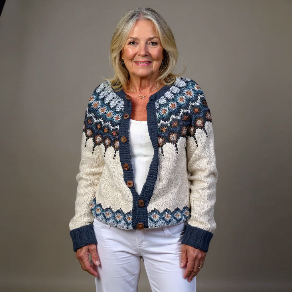 Lucilla | Cardigan panna con motivo blu notte – cardigan nordico da donna | Erminia Boutique Bologna
