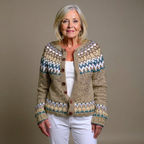 Viviana | Cardigan beige con motivo azzurro – cardigan nordico da donna | Erminia Boutique Bologna