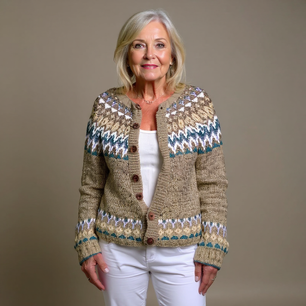 Viviana | Cardigan beige con motivo azzurro – cardigan nordico da donna | Erminia Boutique Bologna