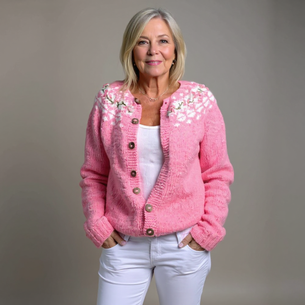 Federica | Cardigan rosa confetto nordico – cardigan nordico da donna | Erminia Boutique Bologna