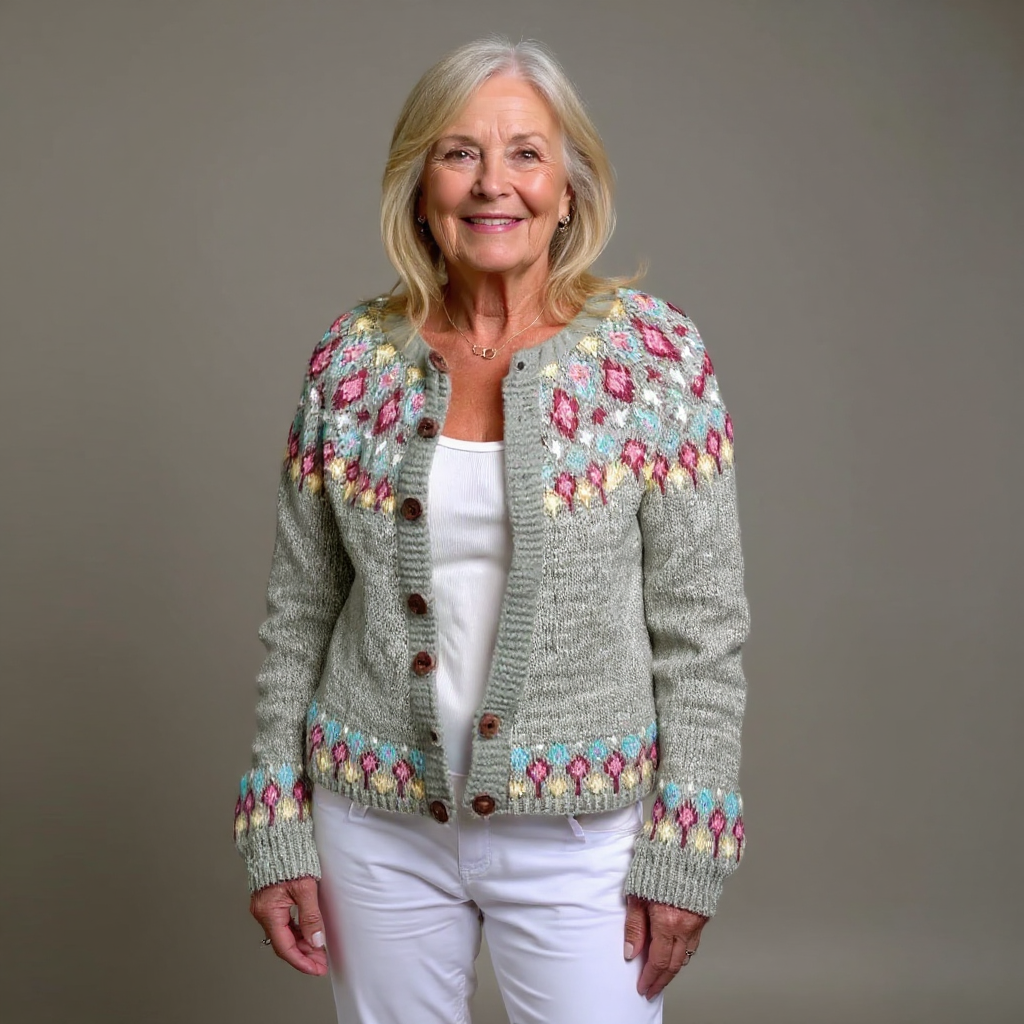 Manuela | Cardigan salvia con motivo rosa – cardigan nordico da donna | Erminia Boutique Bologna