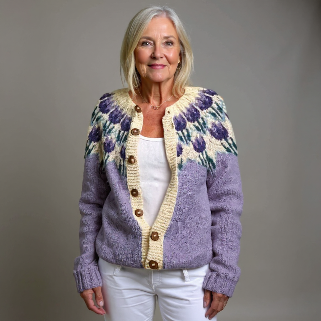 Fabrizia | Cardigan lilla con tulipani – cardigan nordico da donna | Erminia Boutique Bologna