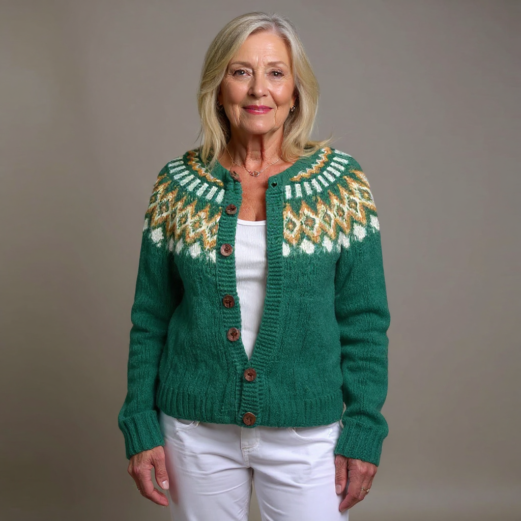Emma | Cardigan verde scuro con motivo giallo – cardigan nordico da donna | Erminia Boutique Bologna