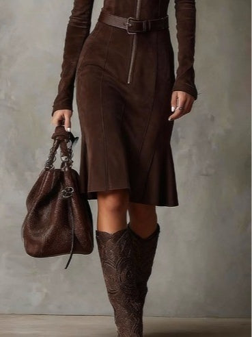 Krystyna - Vestito midi vintage marrone con zip