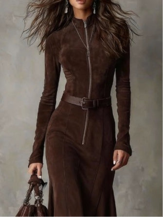 Krystyna - Vestito midi vintage marrone con zip