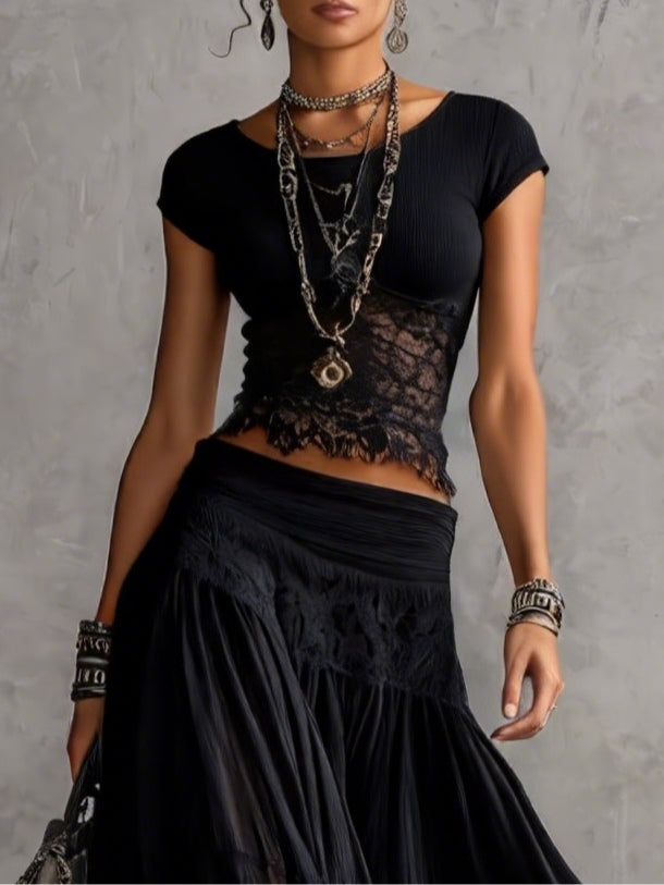 Zofia - Top con Pizzo e Gonna Plissettata Maxi