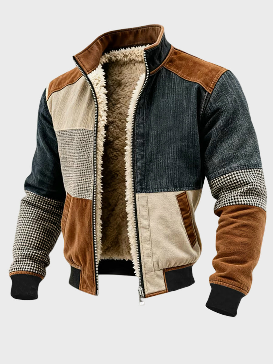 Fabian - Giacca patchwork calda con zip in stile retro